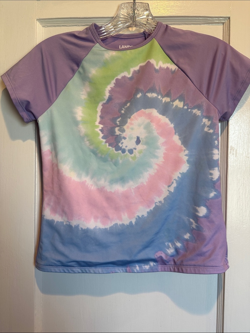 Lands End Girls Short Sleeve Rash Guard Size L 10-12 (Color/Print Pastel Swirl)